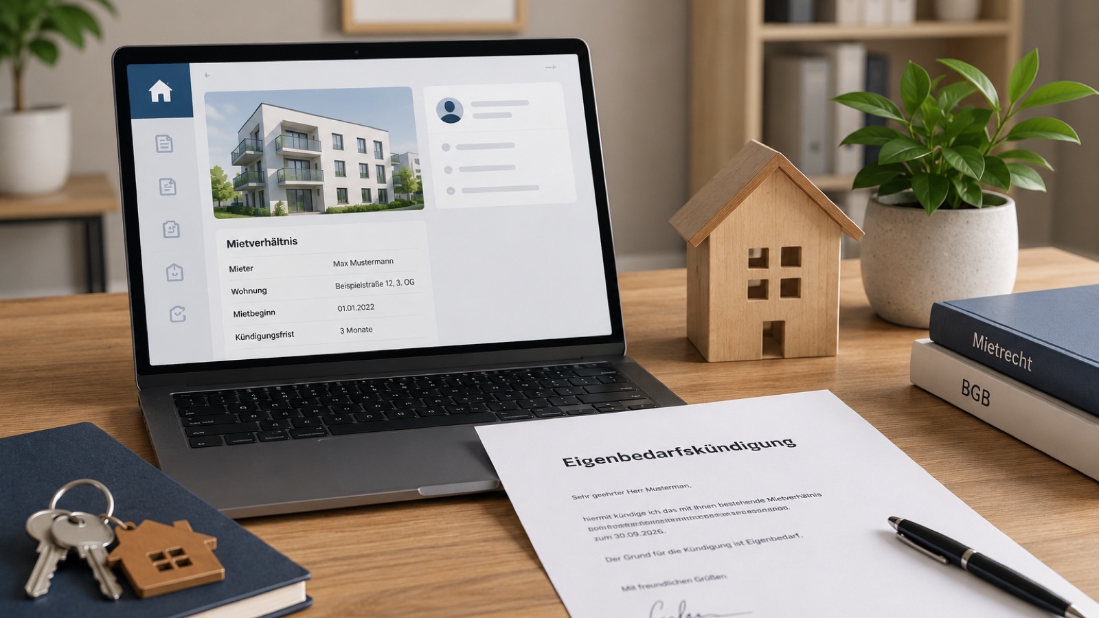 Eigenbedarfskündigung als Schreiben auf einem Schreibtisch neben einem Laptop mit der ImmoApp-Mietverhältnis-Übersicht, Wohnungsschlüsseln und Mietrecht-Gesetzbüchern