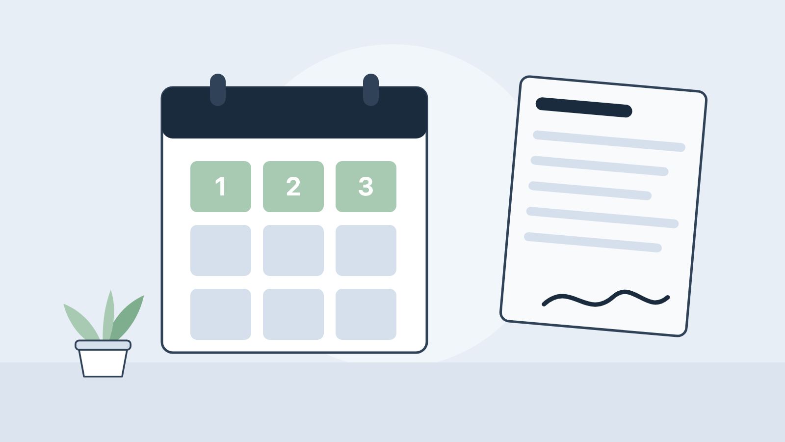 Illustration: Kalender mit drei markierten Monatsfristen neben einem Kündigungsschreiben