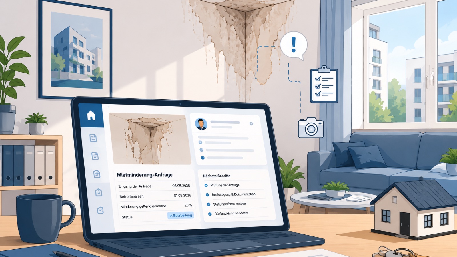 Laptop mit der ImmoApp-Oberfläche zur Bearbeitung einer Mietminderungs-Anfrage, im Hintergrund ein Feuchtigkeitsschaden an der Decke