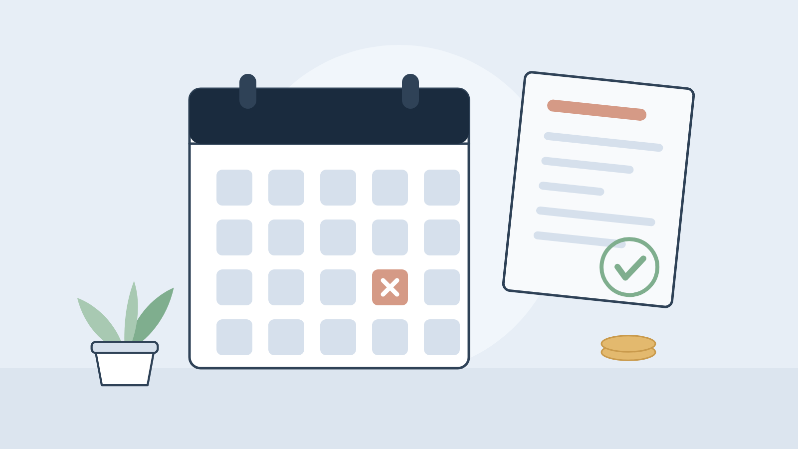 Illustration: Kalender mit markiertem Zahlungstermin, Mahnschreiben und Münzen zum Thema Mietrückstand