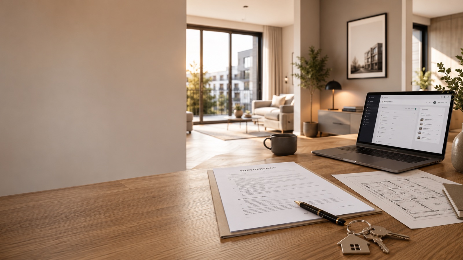 Mietvertrag-Dokument mit Stift und Wohnungsschlüsseln auf einem Schreibtisch, im Hintergrund eine moderne Wohnung