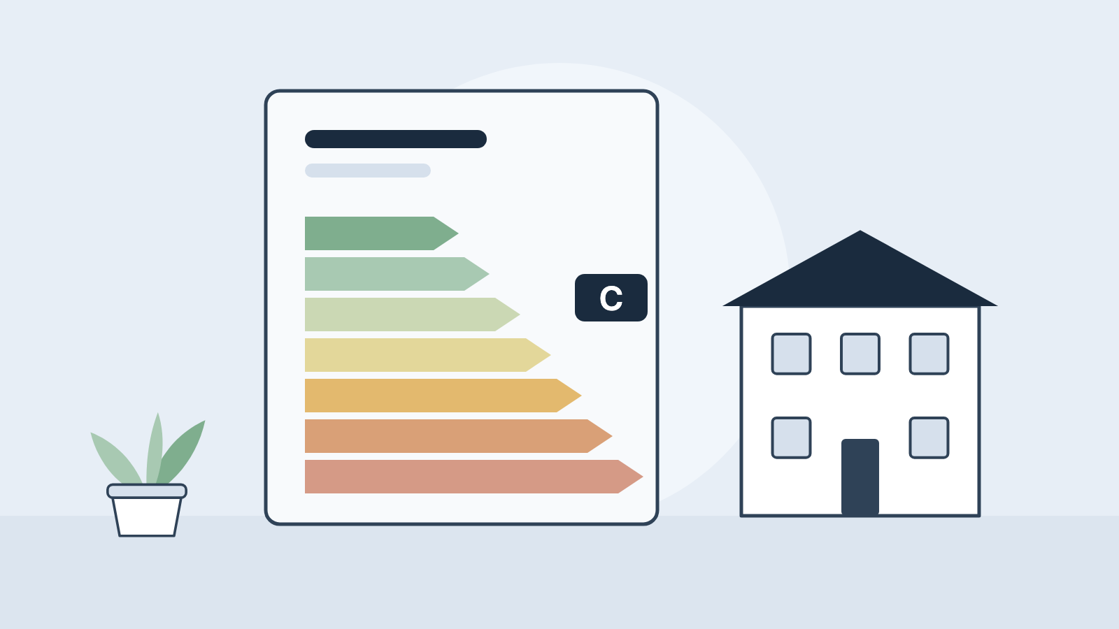Illustration: Energieausweis mit farbiger Effizienzskala neben einem Wohnhaus