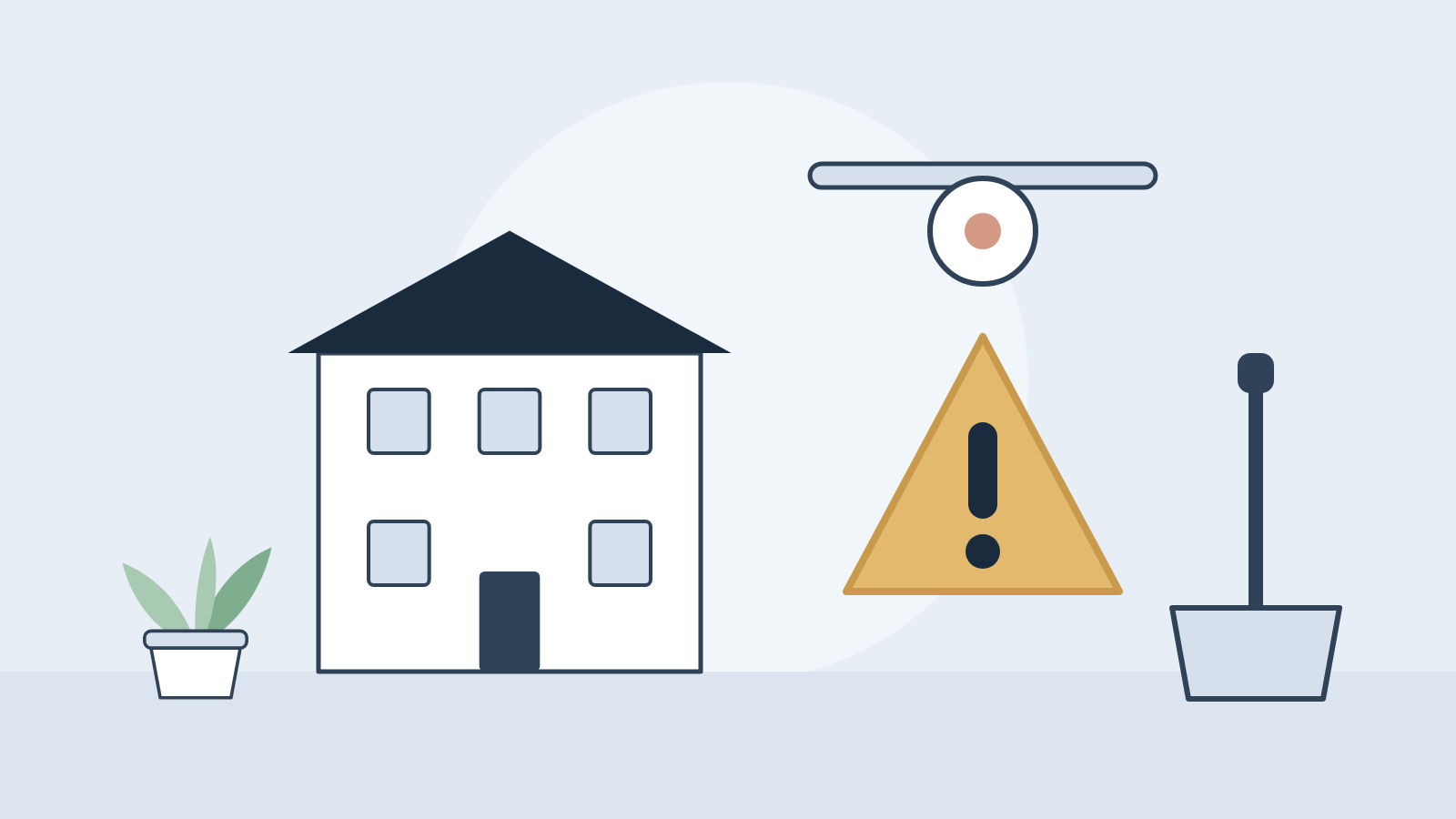 Illustration: Haus mit Rauchmelder, Warndreieck und Schneeschaufel als Sinnbild der Sicherungspflichten